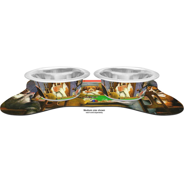 Dogs Playing Poker by C.M.Coolidge Metal Pet Bowls - On Dog Bone Shaped Mat