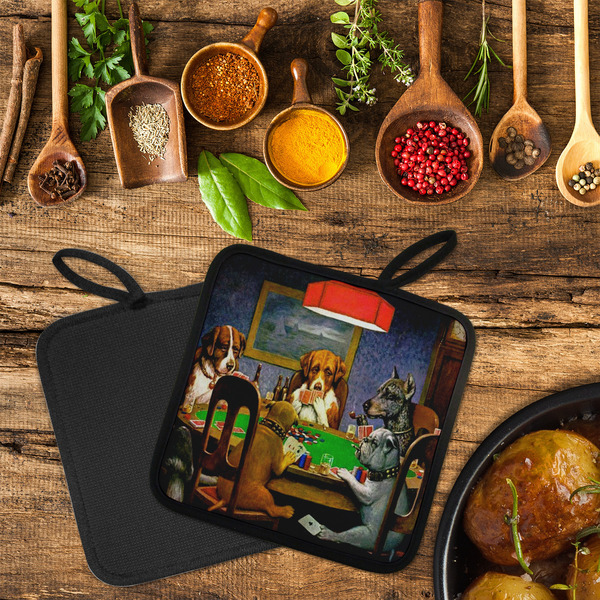 Dogs Playing Poker by C.M.Coolidge Neoprene Pot Holder - Set of 2  LIFESTYLE (Flatlay)