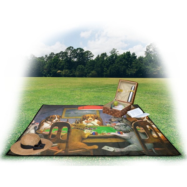 Dogs Playing Poker by C.M.Coolidge Picnic Blanket - with Basket Hat and Book - in Use