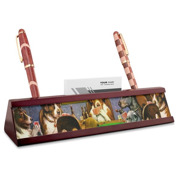 Custom Dogs Playing Poker by C.M.Coolidge Red Mahogany Nameplate with Business Card Holder