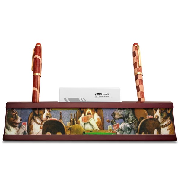 Dogs Playing Poker by C.M.Coolidge Red Mahogany Nameplates with Business Card Holder - Straight