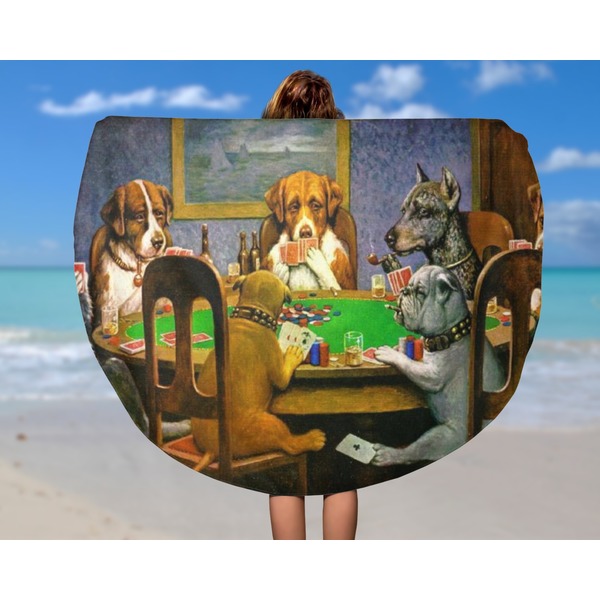 Dogs Playing Poker by C.M.Coolidge Round Beach Towel - In Use