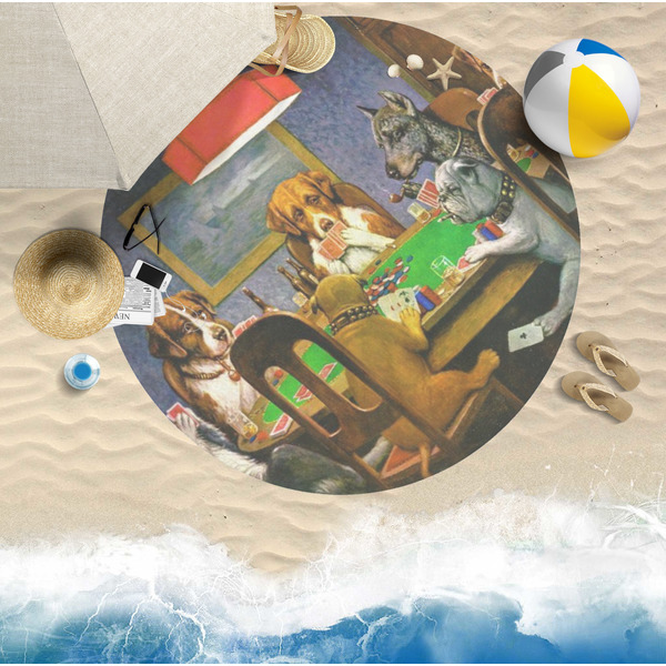Dogs Playing Poker by C.M.Coolidge Round Beach Towel Lifestyle