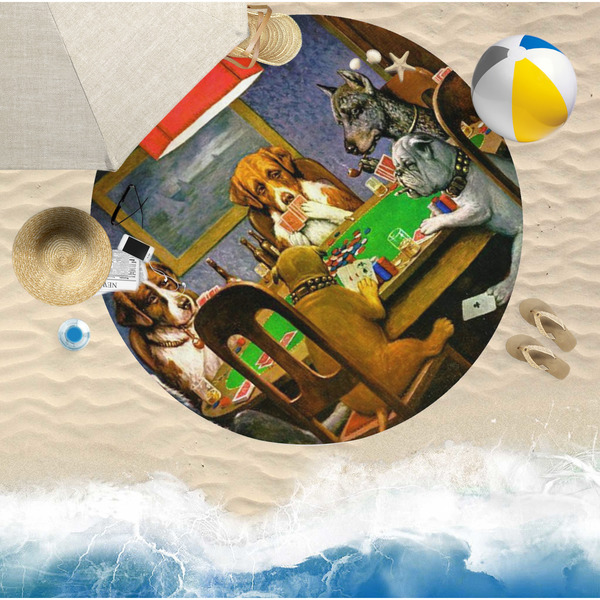 Dogs Playing Poker by C.M.Coolidge Round Beach Towel Lifestyle