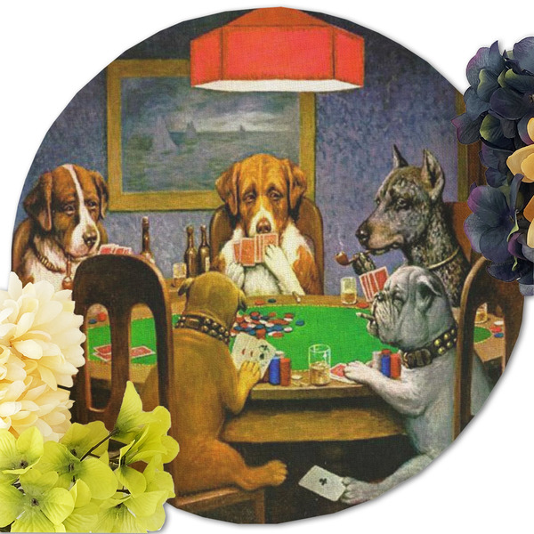 Dogs Playing Poker by C.M.Coolidge Round Linen Placemats - Front (w flowers)
