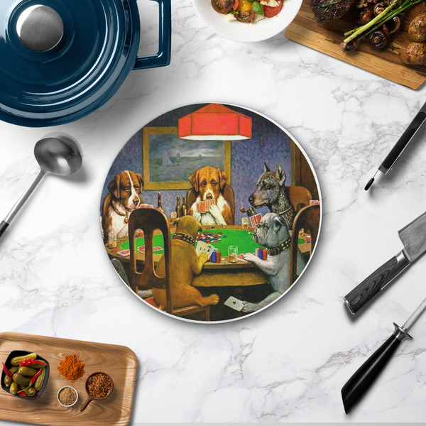 Dogs Playing Poker by C.M.Coolidge Round Stone Trivet - In Context View