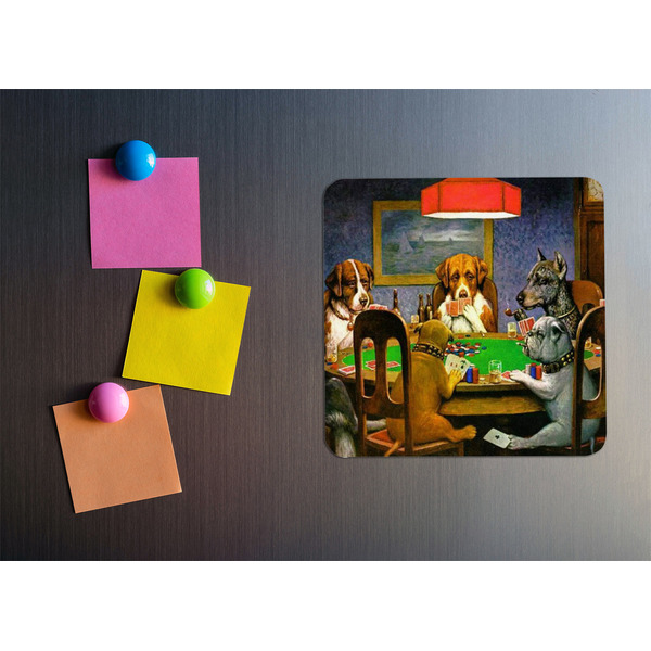 Dogs Playing Poker by C.M.Coolidge Square Fridge Magnet - LIFESTYLE