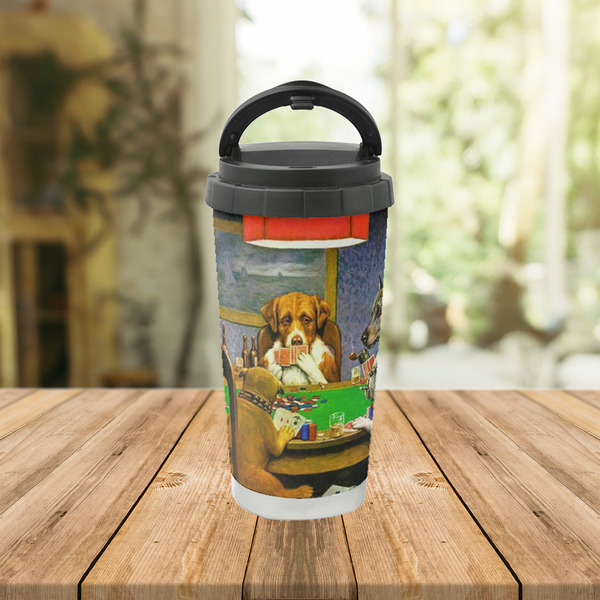 Dogs Playing Poker by C.M.Coolidge Stainless Steel Travel Cup Lifestyle