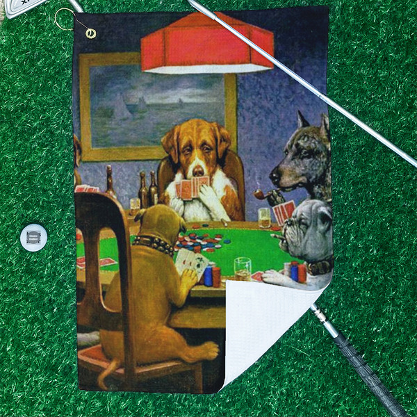 Dogs Playing Poker by C.M.Coolidge Waffle Weave Golf Towel - In Context