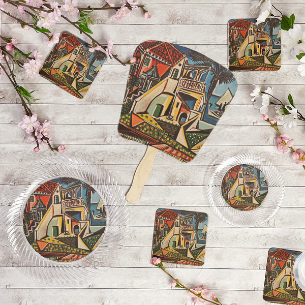 Mediterranean Landscape by Pablo Picasso Party Supplies Combination Image - All items - Plates, Coasters, Fans