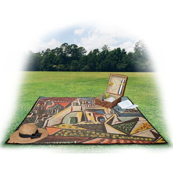 Mediterranean Landscape by Pablo Picasso Picnic Blanket - with Basket Hat and Book - in Use