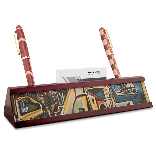 Custom Mediterranean Landscape by Pablo Picasso Red Mahogany Nameplate with Business Card Holder