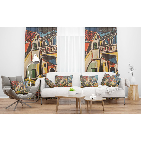 Mediterranean Landscape by Pablo Picasso Sheer and Custom Curtains in Room with Matching Pillows