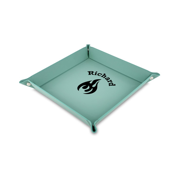 Custom Fire Faux Leather Dice Tray - 6" x 6" - Teal (Personalized)