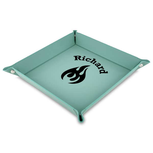 Custom Fire Faux Leather Dice Tray - 9" x 9"  - Teal (Personalized)