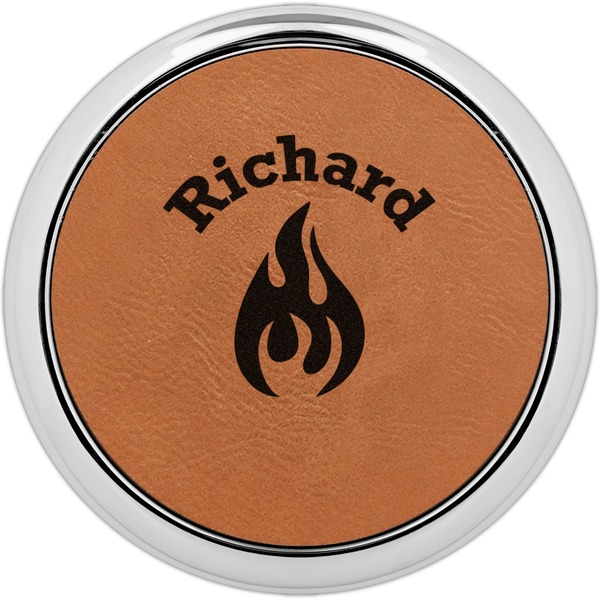 Custom Fire Set of 4 Leatherette Round Coasters w/ Silver Edge (Personalized)