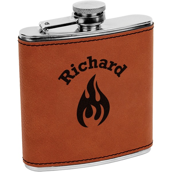 Custom Fire Leatherette Wrapped Stainless Steel Flask (Personalized)