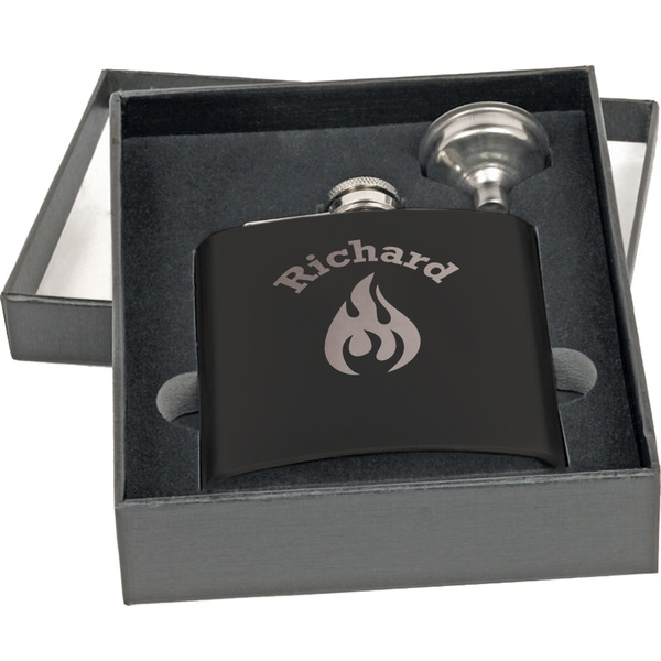Fire Engraved Black Flask Gift Set