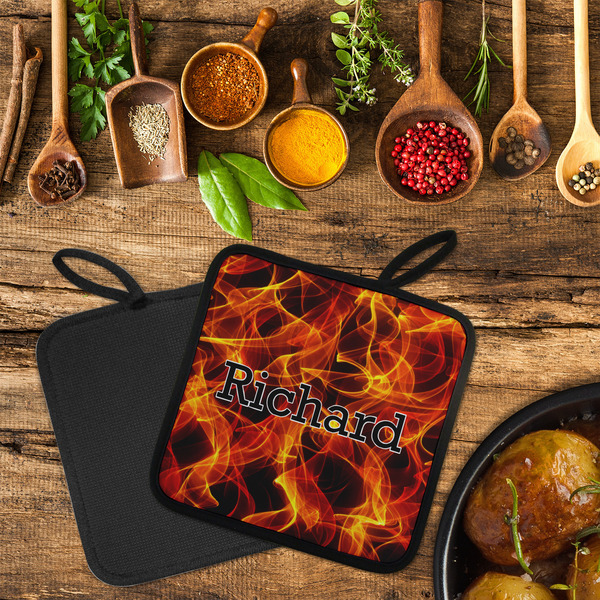 Fire Neoprene Pot Holder - Set of 2  LIFESTYLE (Flatlay)