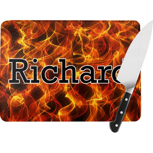 Custom Fire Rectangular Glass Cutting Board - Large - 15.25"x11.25" w/ Name or Text