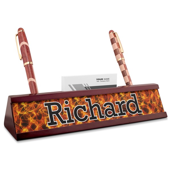 Custom Fire Red Mahogany Nameplate with Business Card Holder (Personalized)