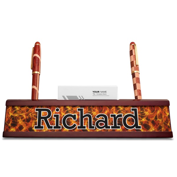 Fire Red Mahogany Nameplates with Business Card Holder - Straight