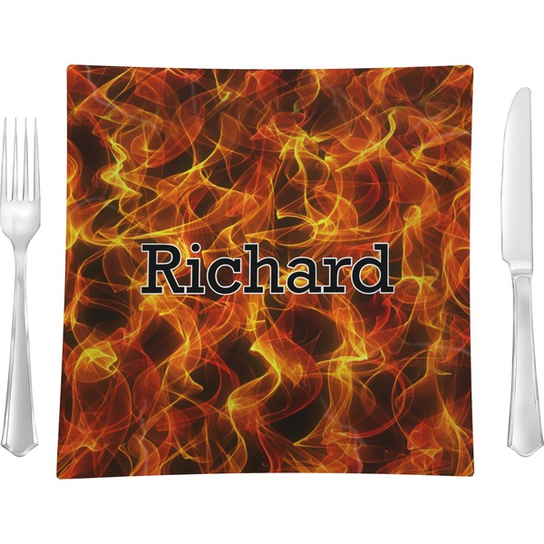 Custom Fire 9.5" Glass Square Lunch / Dinner Plate- Single or Set of 4 (Personalized)