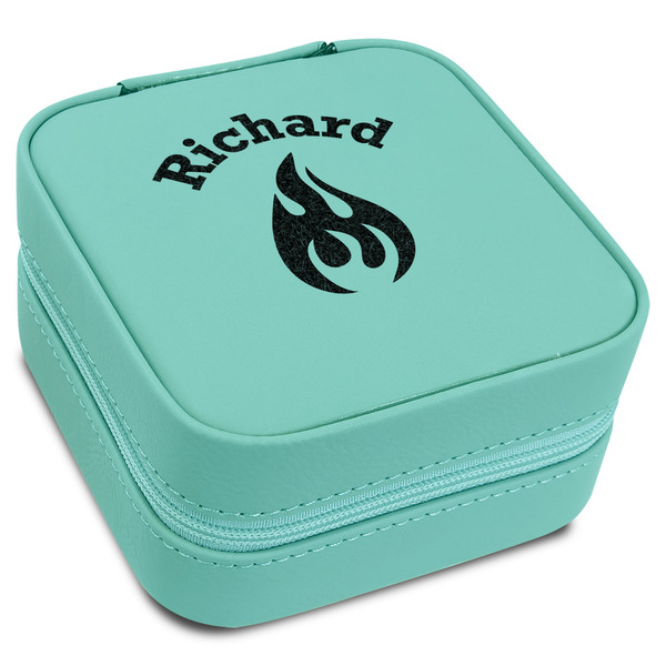 Custom Fire Travel Jewelry Box - Teal Leather (Personalized)