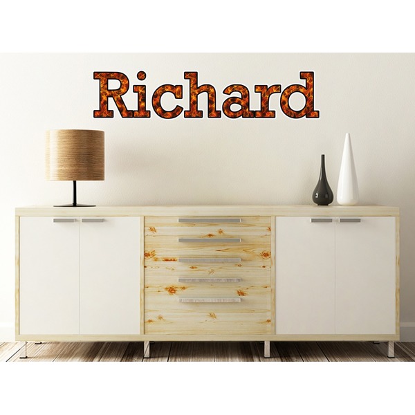 Fire Wall Name Decal On Wooden Desk