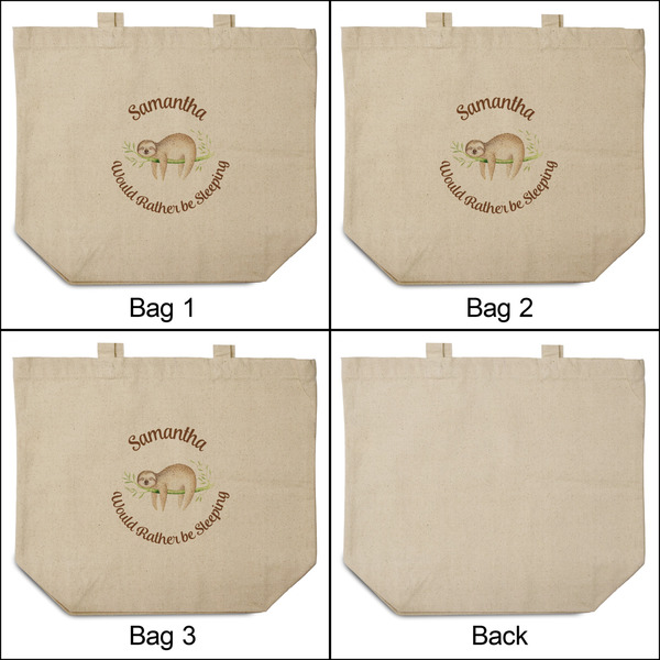 Sloth 3 Reusable Cotton Grocery Bags - Front & Back View