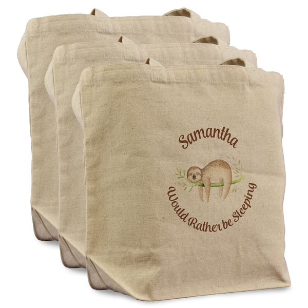 Custom Sloth Reusable Cotton Grocery Bags - Set of 3 (Personalized)