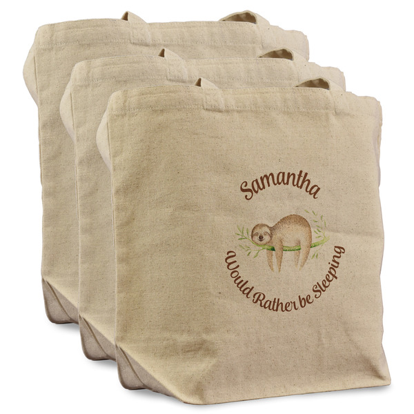 Sloth 3 Reusable Cotton Grocery Bags - Front View