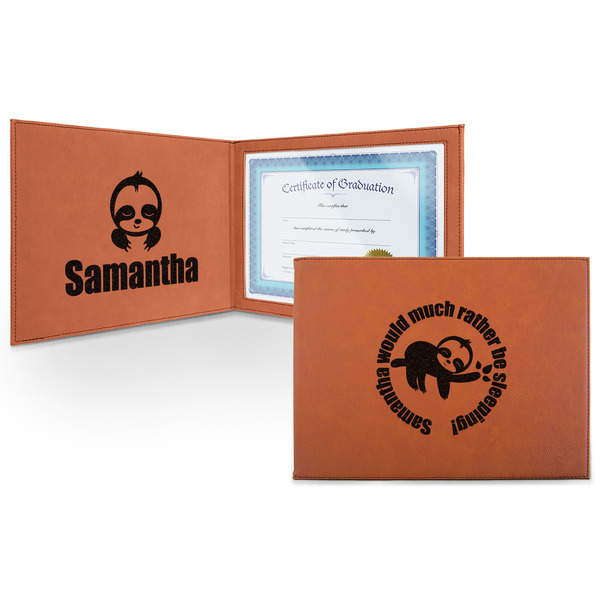 Custom Sloth Leatherette Certificate Holder - Front and Inside (Personalized)