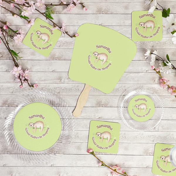 Sloth Party Supplies Combination Image - All items - Plates, Coasters, Fans