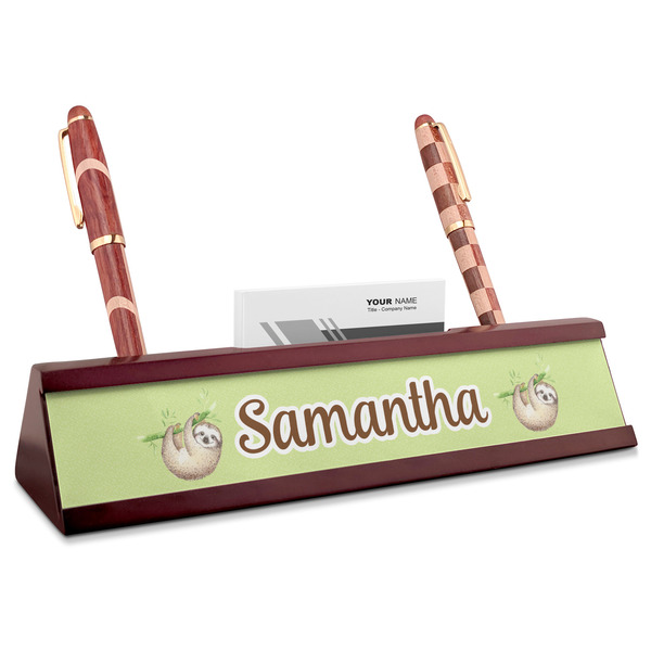 Custom Sloth Red Mahogany Nameplate with Business Card Holder (Personalized)