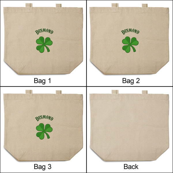 St. Patrick's Day 3 Reusable Cotton Grocery Bags - Front & Back View