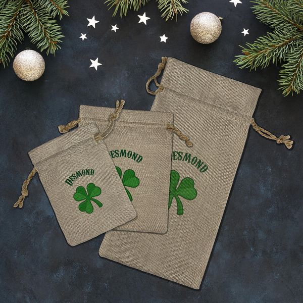 St. Patrick's Day Burlap Gift Bags - LIFESTYLE (Flat lay)