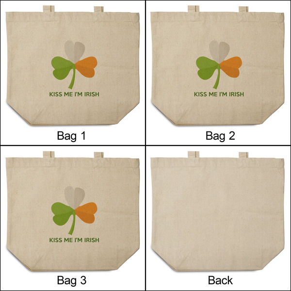 Kiss Me I'm Irish 3 Reusable Cotton Grocery Bags - Front & Back View