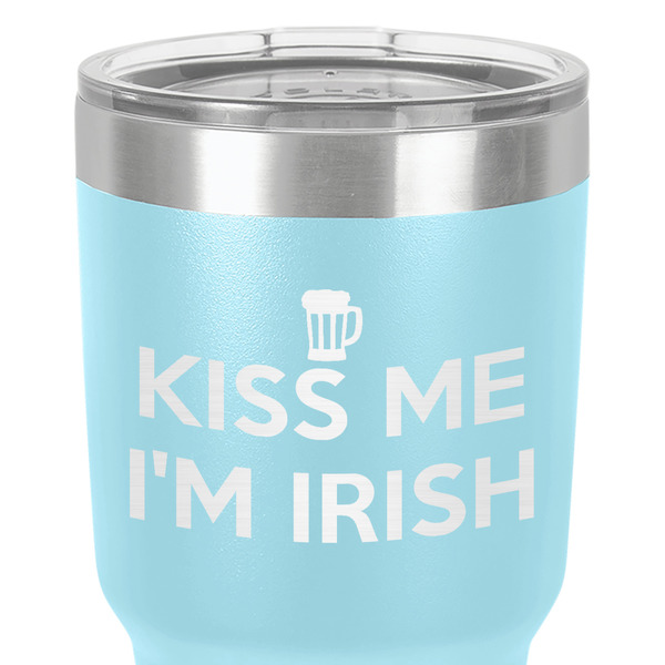 Kiss Me I'm Irish 30 oz Stainless Steel Ringneck Tumbler - Teal - Close Up