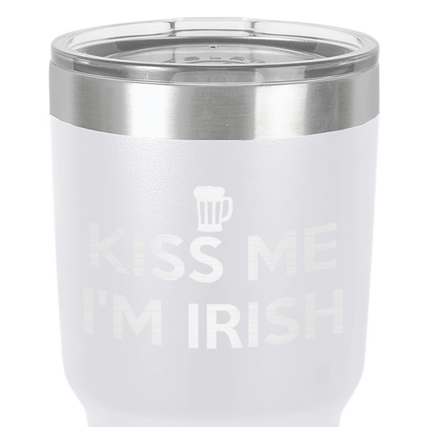 Kiss Me I'm Irish 30 oz Stainless Steel Ringneck Tumbler - White - Close Up