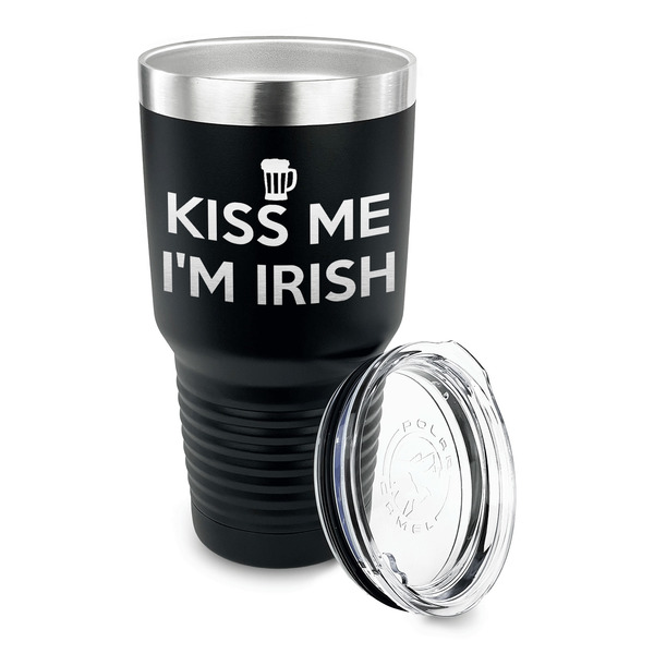 Kiss Me I'm Irish 30 oz Stainless Steel Ringneck Tumblers - Black - LID OFF
