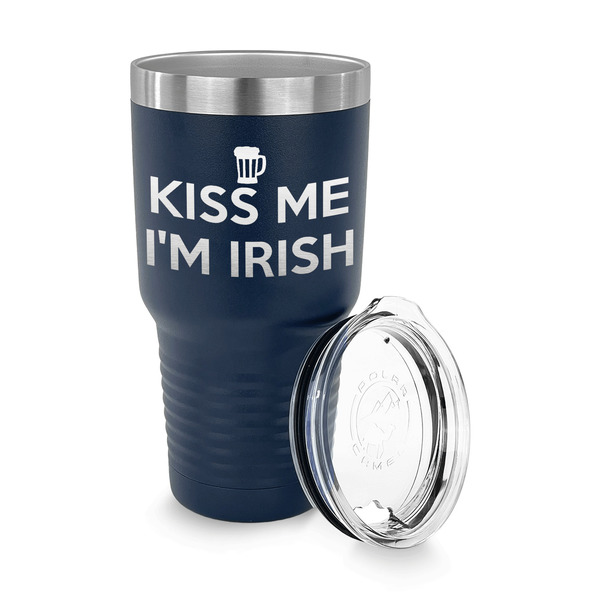 Kiss Me I'm Irish 30 oz Stainless Steel Ringneck Tumblers - Navy - LID OFF