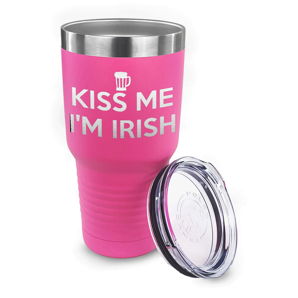 Kiss Me I'm Irish 30 oz Stainless Steel Ringneck Tumblers - Pink - LID OFF