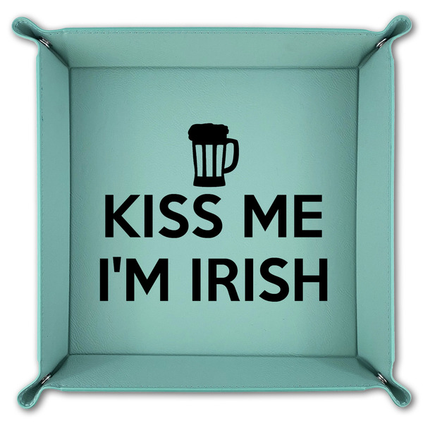 Kiss Me I'm Irish 9" x 9" Teal Leatherette Snap Up Tray - FOLDED