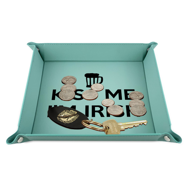 Kiss Me I'm Irish 9" x 9" Teal Leatherette Snap Up Tray - STYLED