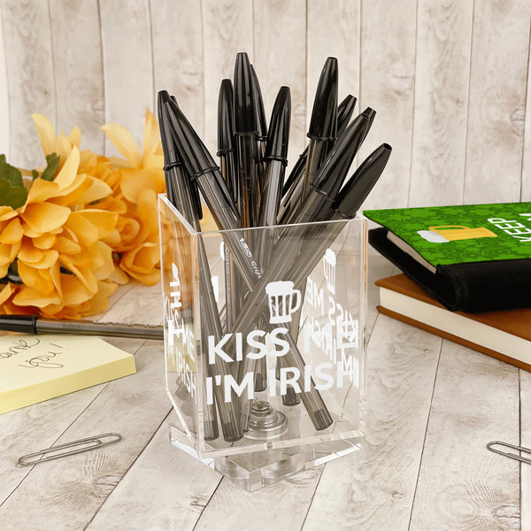 Kiss Me I'm Irish Acrylic Pencil Holder - IN CONTEXT