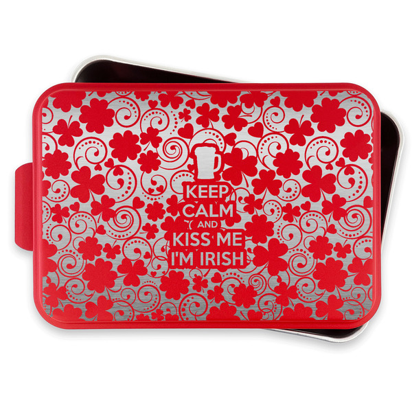Kiss Me I'm Irish Aluminum Baking Pan - Red Lid - FRONT w/lif off