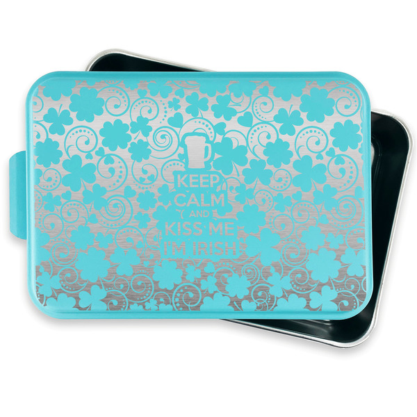 Kiss Me I'm Irish Aluminum Baking Pan - Teal Lid - FRONT w/ lid off
