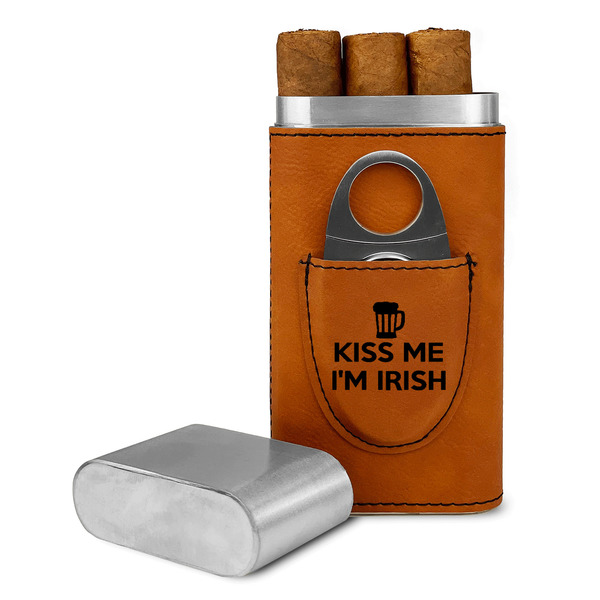 Custom Kiss Me I'm Irish Cigar Case with Cutter - Rawhide - Single Sided