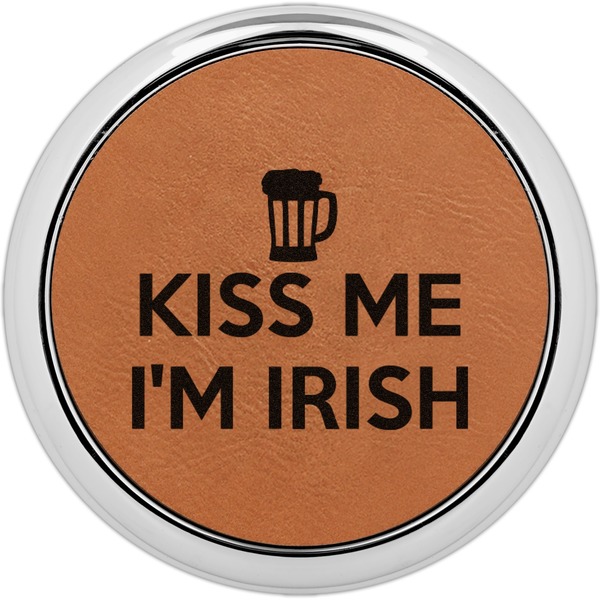Custom Kiss Me I'm Irish Set of 4 Leatherette Round Coasters w/ Silver Edge (Personalized)